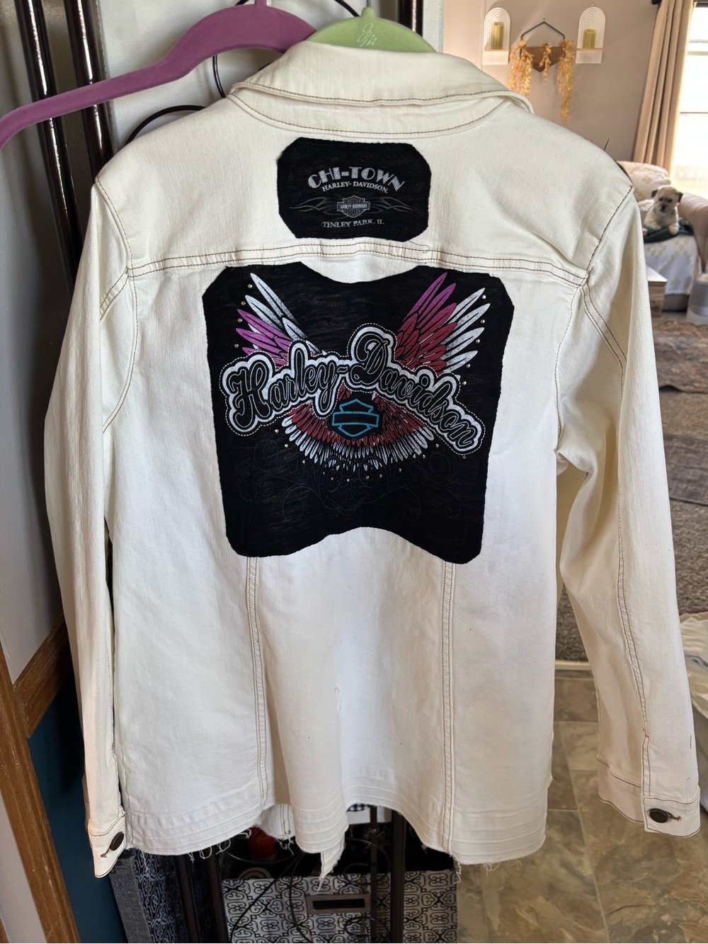 Harley-Davidson Women's Cream Denim Jacket Graphic Tee patch upcycled LOGO 16